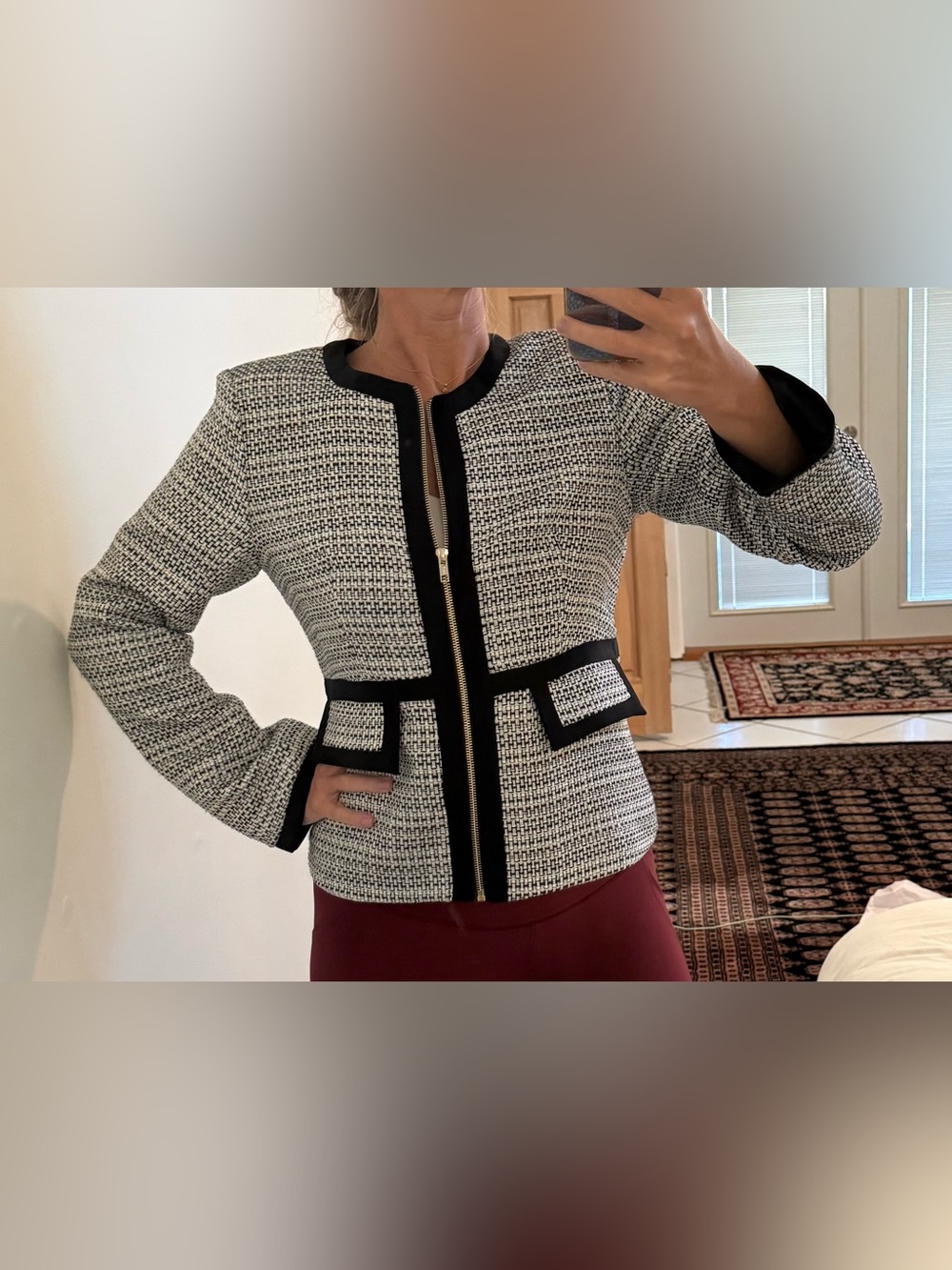 Dolce Cabo Black-and-White Tweed Zip-Front Jacket